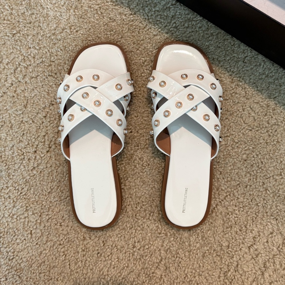 PrettyLittleThing White Pearl Studded Sandals